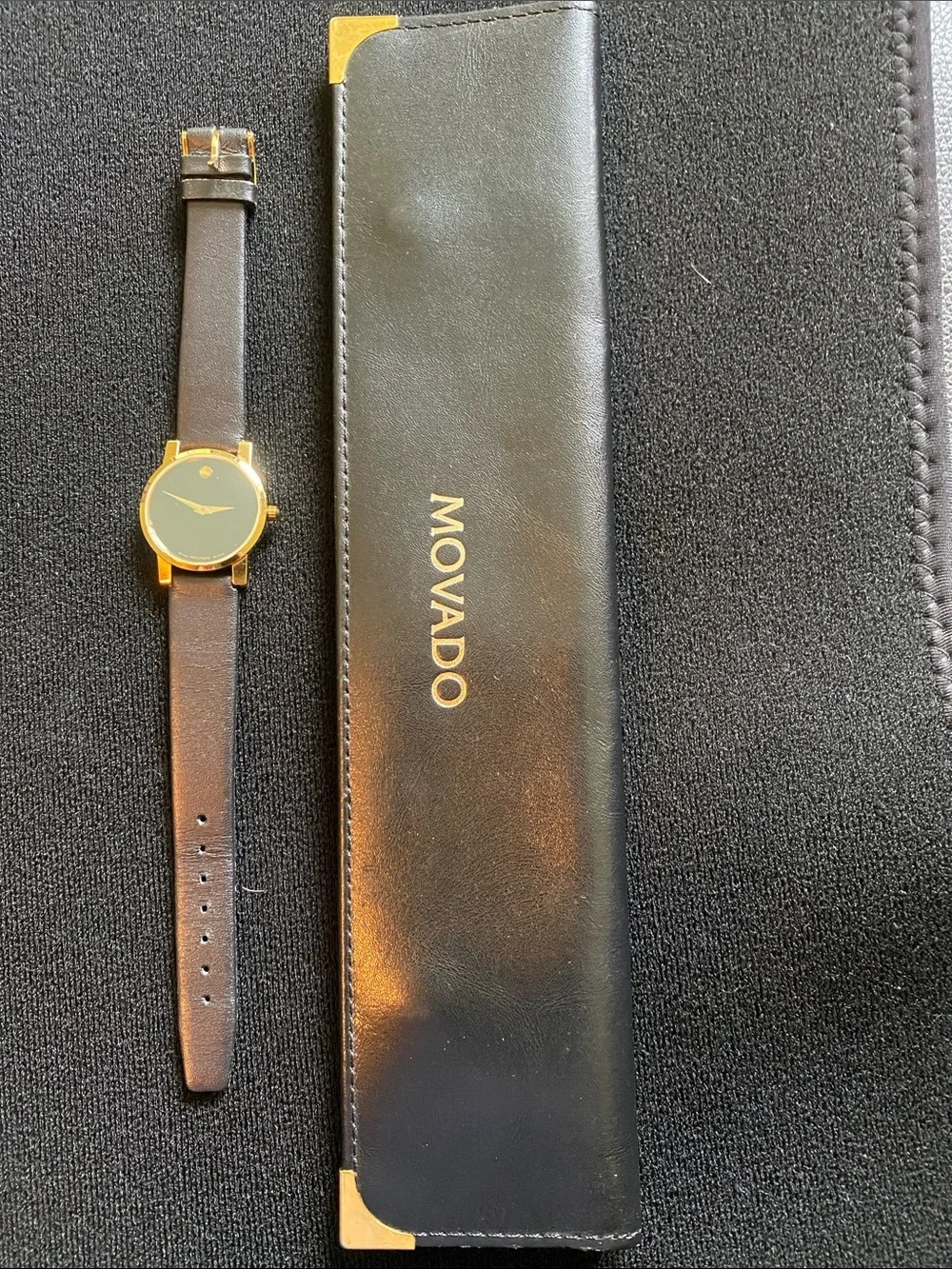 Movado Gold-Tone Case with Black Dial and Black Leather Strap Watch